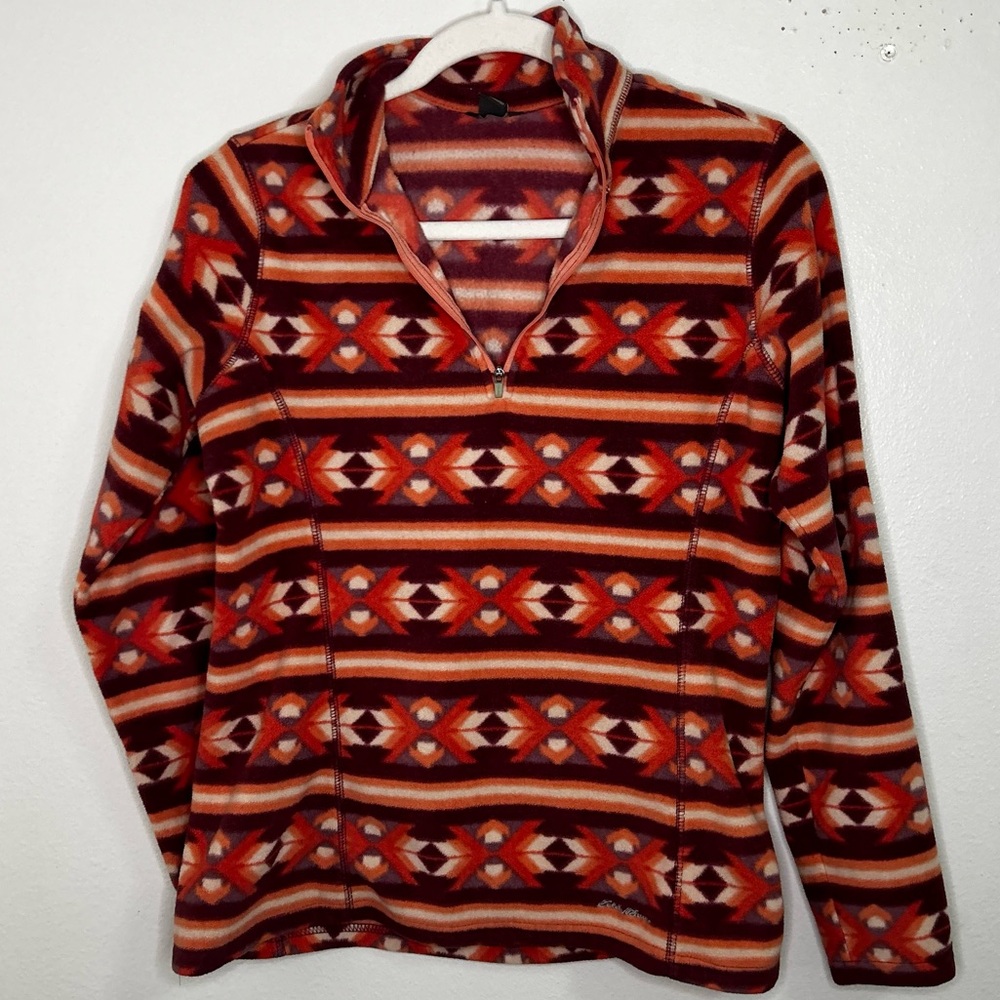 Eddie Bauer orange and red printed fleece quarter zip